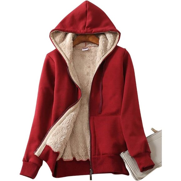 Jackets & Blazers - Women's Winered Casual Full Zip Sherpa Lined Hoodie Sweatshirt Jacket Coat